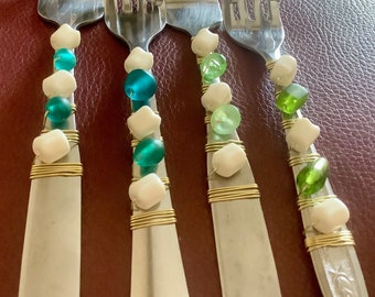 Beaded Flatware - Funky Florida Forks Set of 4 | Blue White and Green Beads | Serving Utensils | Set of 4