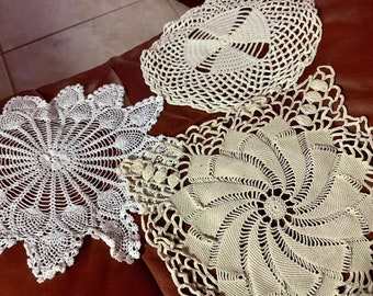 Cotton Crochet Square & Round Doilies | Largest 10” diameter | Set of 3 | Nice condition
