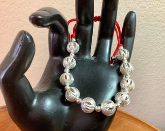 Silver Beads & Red Cording Bracelet - Totally Adjustable | Fabric Pouch Included | Great gift