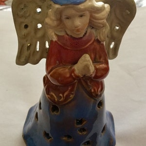 Vintage Angel Bell Figurine | 6” Red & Blue Angel | Beige Wings | Excellent Condition