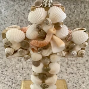 Sea Shell Art Freestanding Cross Home Decoration 6.5 inches tall & 5 wide Shells collected by me image 5