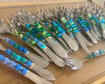 Beaded Flatware - Funky Florida Finger Forks - Blue, Green, Turquoise, Now Made with Vintage Unmatching Forks