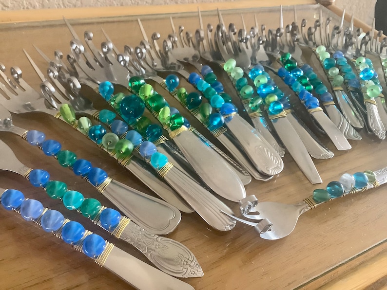 Priority Ship Funky Florida Finger Forks Blue, Green, Turquoise, Now Made with Vintage Unmatching Forks image 1