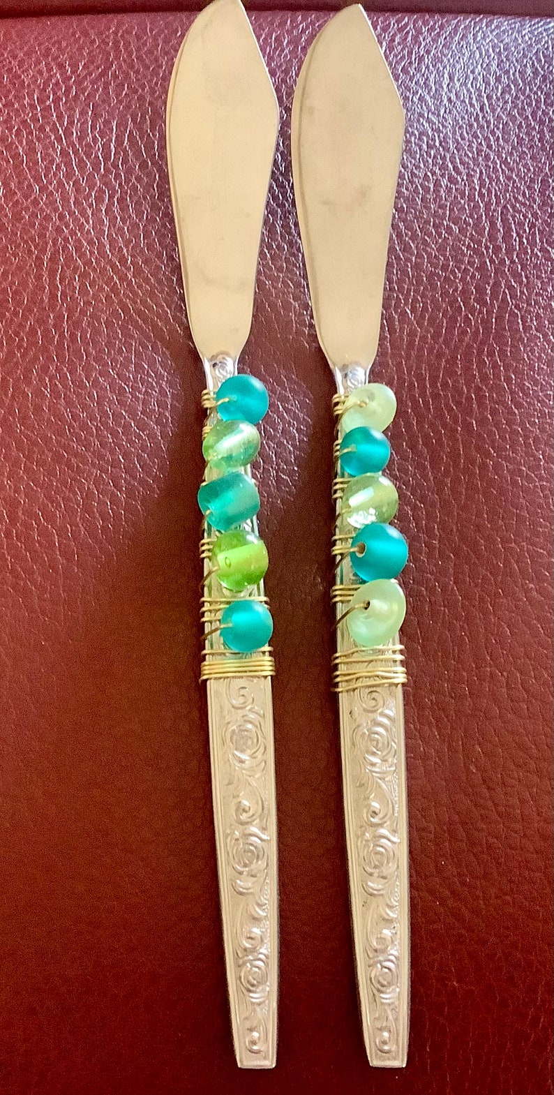 Beaded Flatware Cheese Spreaders Blue and Green Beads Serving Utensils Set of 2 image 6