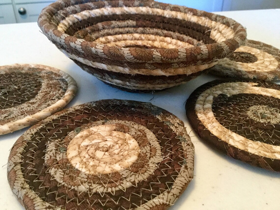 4 Coiled Fabric Coasters and 7 Inch Bowl Set Candle Mat Etsy