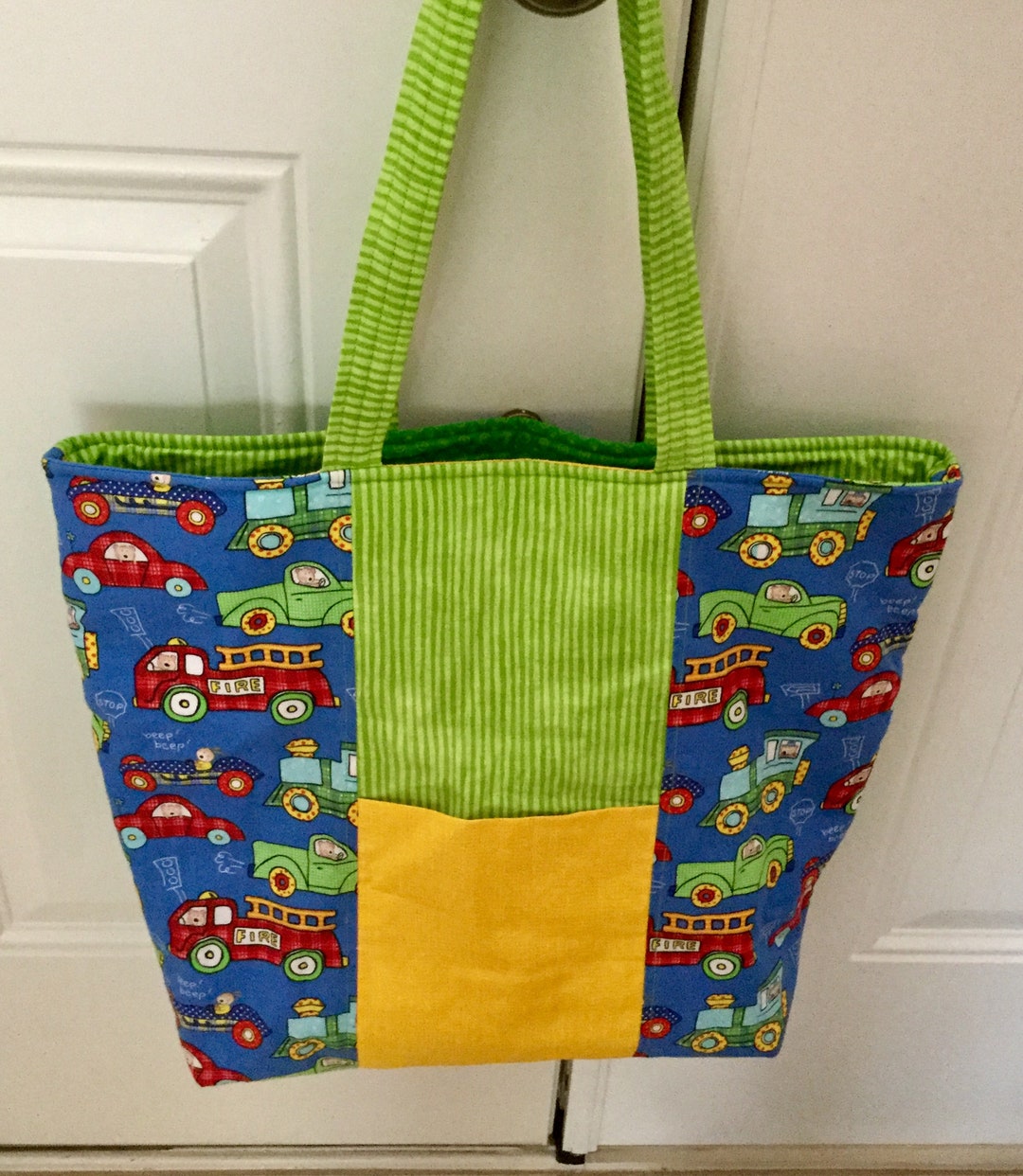Blue, Gold and Cranberry Firetruck Cars Fabric Lined Purse, 16” Wide by ...