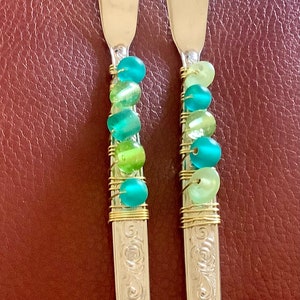 Beaded Flatware Cheese Spreaders Blue and Green Beads Serving Utensils Set of 2 image 2