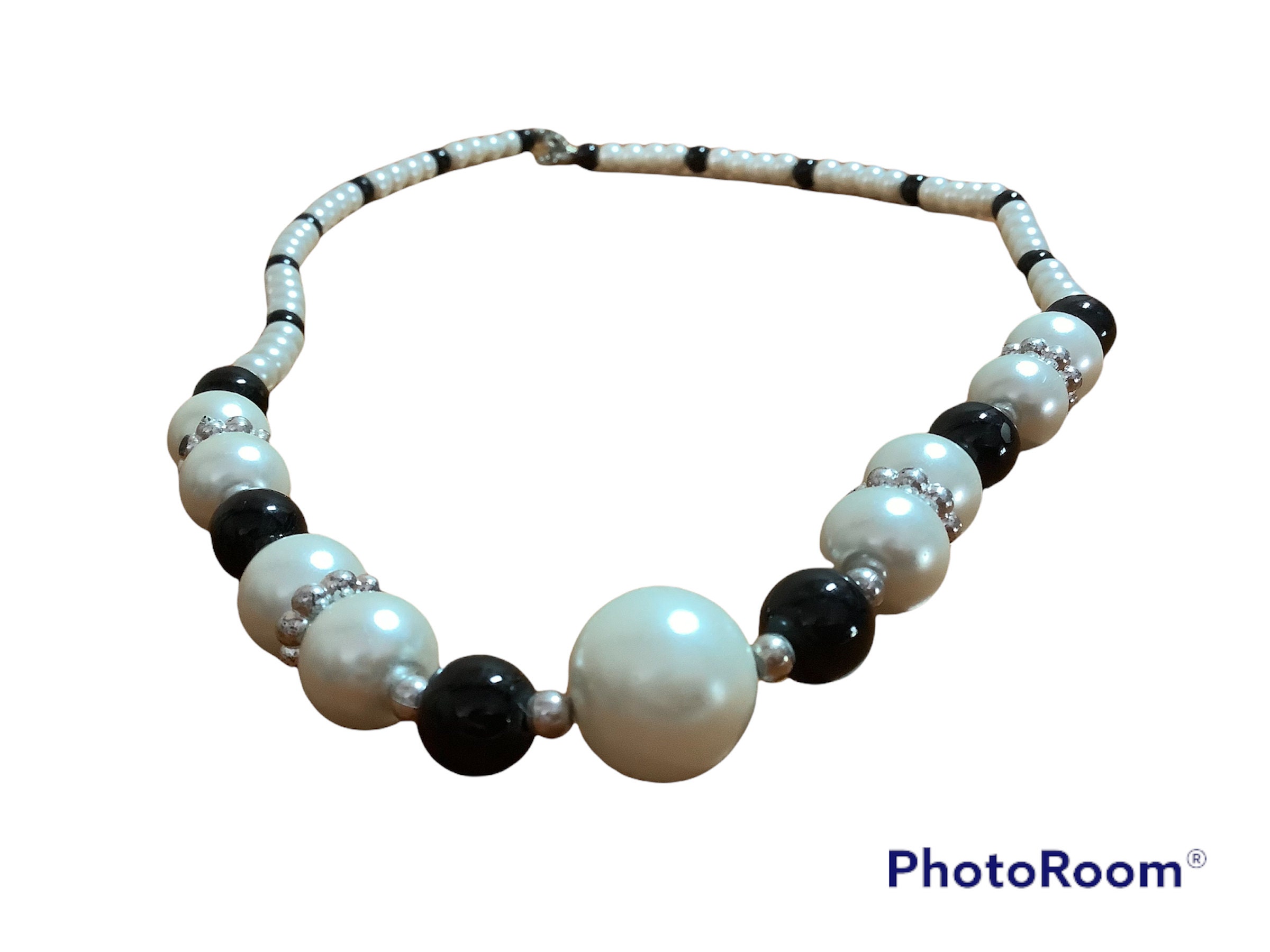 Vintage White Pearl and Black Beaded Necklace, 21” Long
