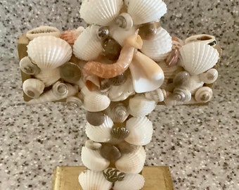 Sea Shell Art Freestanding Cross Home Decoration | 6.5 inches tall & 5” wide | Shells collected by me