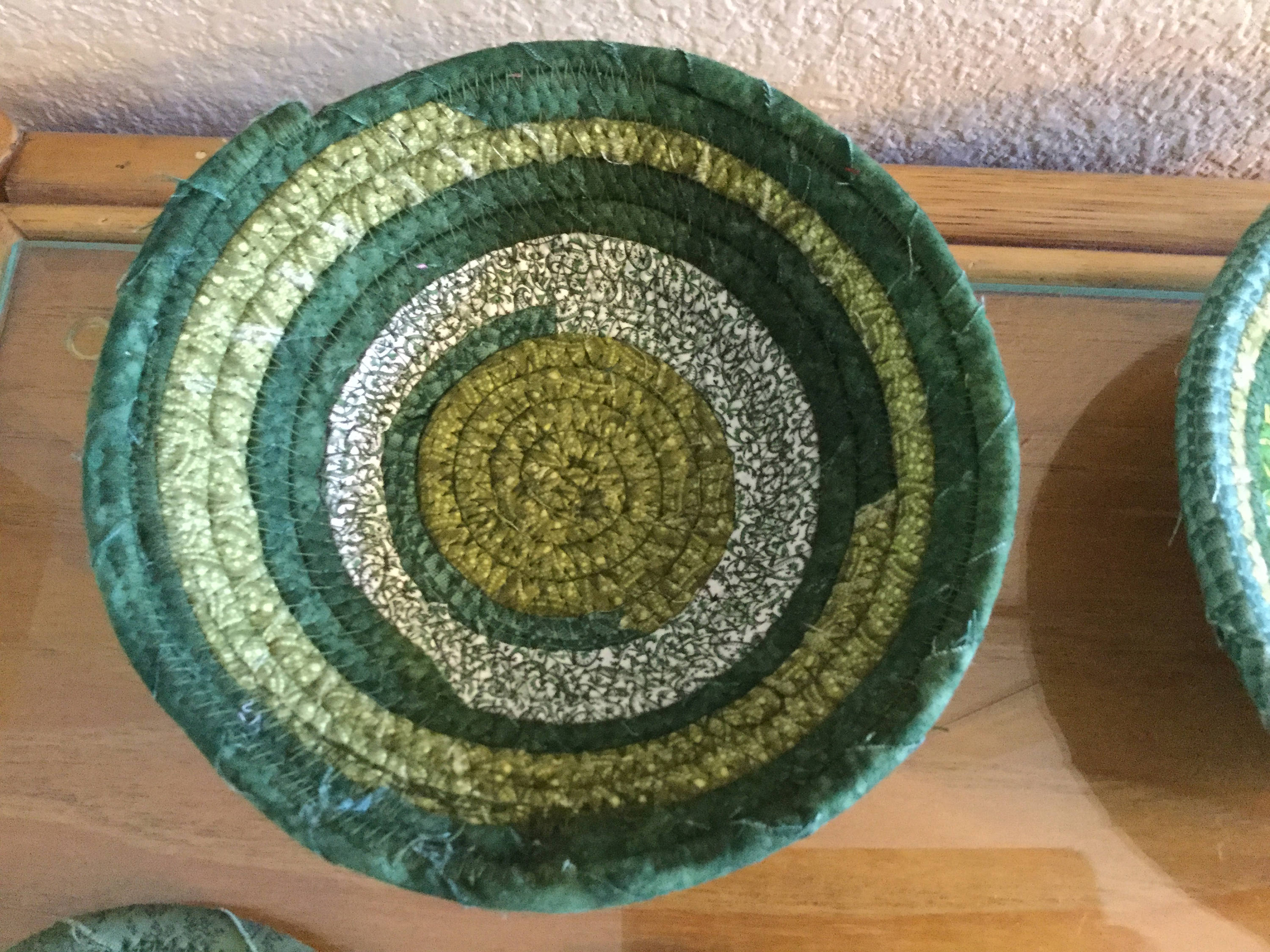 4 Coiled Fabric Green Coasters and Two 7 Inch Bowls Baskets Etsy