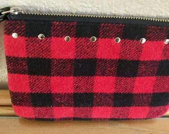 Buffalo Check Flannel Small Wristlet Bag, | Cotton Fabric, Zippered Closure | Black Wrist Handle