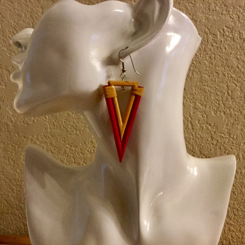 3\u201d drop Bamboo Triangular Red and Natural Colored Earrings with silver plated hooks