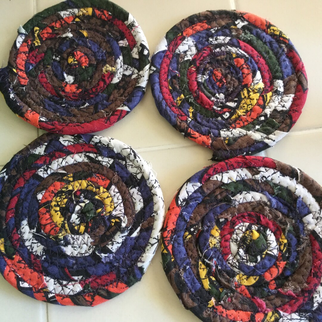 Coiled Fabric Coasters, Mug Rug Blue, Red, Orange, Yellow Storage and