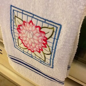 Embroidered Kitchen Towel with Flowers, pink, blue, white Handmade kitchen towel image 3