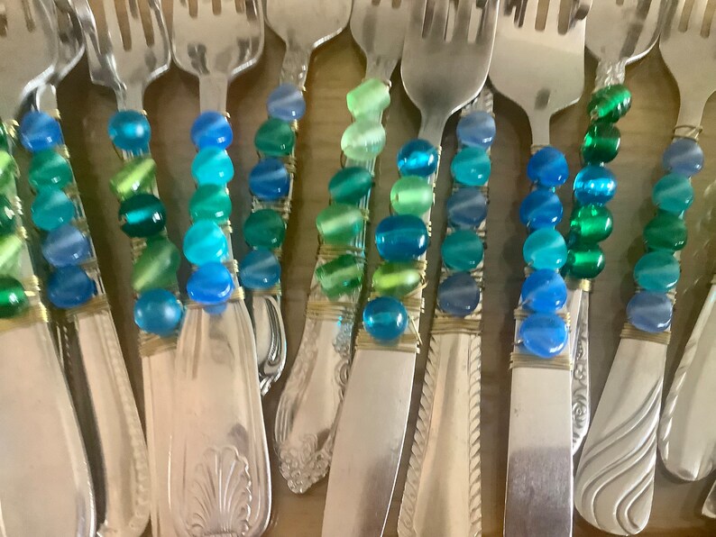 Priority Ship Funky Florida Finger Forks Blue, Green, Turquoise, Now Made with Vintage Unmatching Forks image 6