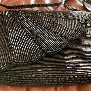 Beaded Crossbody Evening Bag | 6.5” by 5.5” | Black Beads | Snap Closure | Excellent condition