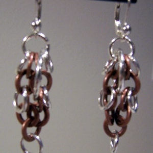 Chainmaille Earrings - Bright Aluminum and Copper - Lever Back -  2 inches long