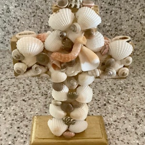 Sea Shell Art Freestanding Cross Home Decoration 6.5 inches tall & 5 wide Shells collected by me image 4