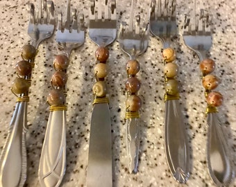 Serving Pieces - Funky Florida Finger Beaded Forks - Neutral Color, 12mm Yellow Rainbow Jasper Stone Beads | can buy singles or set