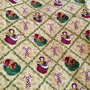Christmas Cotton Fabric, Beige background Print,  red green white, 2 yards by 45 inches