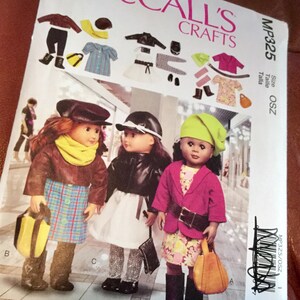 McCalls 325 Doll Clothes for 16 Inch Dolls, dress, jacket, bag, hat, belt, sock, boots, top and pants | uncut,.
