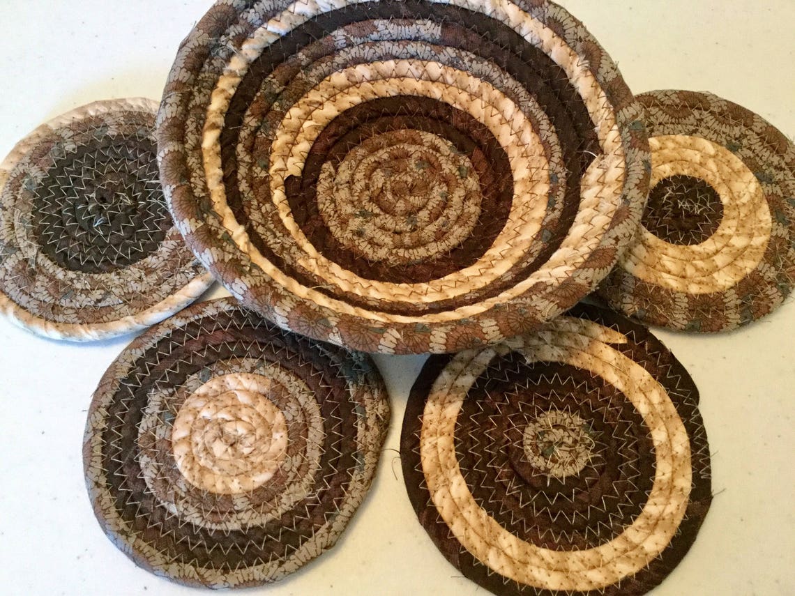 4 Coiled Fabric Coasters and 7 Inch Bowl Set Candle Mat Etsy