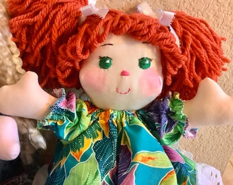 Red Hair Green Eyes Fabric Doll, Sew Sweet Charlotte Doll, Child Friendly, 13 inches tall