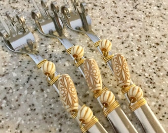 Funky Florida Finger Forks - Tan Wood Beads - set of 3