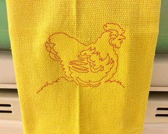 Kitchen Towel with Red Stitched Hen with yellow background, Cotton