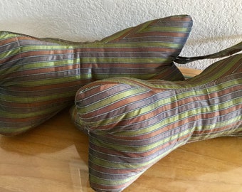 Green Shiny Decorator Striped Neck Pillow Dog Bone Shaped with Handle |  Green Rust Brown Colored Stripes