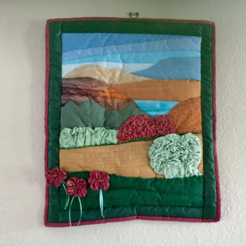 Quilted Scenic Landscape Wallhanging 18 by 21 Cotton with hanger green, rust, gold, pink, turquoise immagine 1