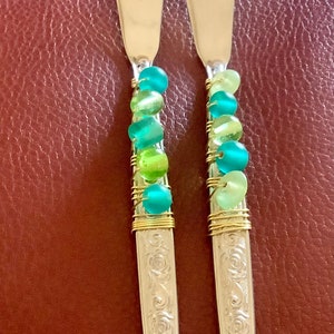 Beaded Flatware Cheese Spreaders Blue and Green Beads Serving Utensils Set of 2 image 3