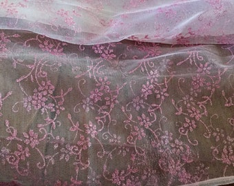 Pink Background Pink Glittery Floral Print Fabric, 60” wide x 32” plus extra attached piece