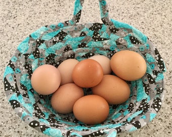 Handmade Chicken Egg Collecting Basket, Coiled Fabric Cotton Batik Basket or Bowl - turquoise - Chicken Egg Collection