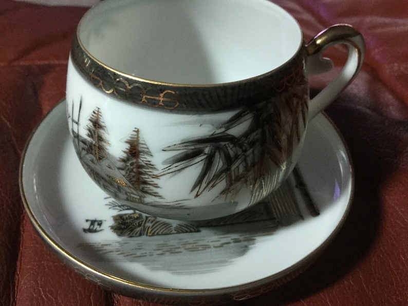 Vintage Japan Porcelain Cup /& Saucer| Set of 2 Excellent Condition white gold brown Bamboo Design