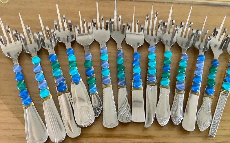 Priority Ship Funky Florida Finger Forks Blue, Green, Turquoise, Now Made with Vintage Unmatching Forks image 4