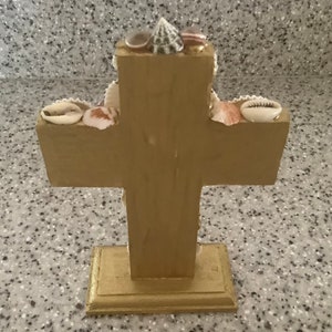 Sea Shell Art Freestanding Cross Home Decoration 6.5 inches tall & 5 wide Shells collected by me image 3