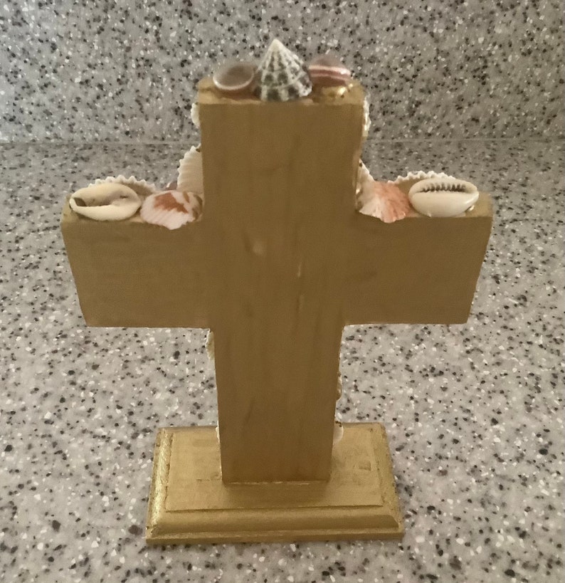 Sea Shell Art Freestanding Cross Home Decoration 6.5 inches tall & 5 wide Shells collected by me image 3