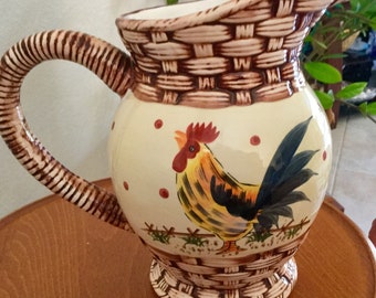 Ceramic Pitcher with Rooster Pattern | 8” tall | Excellent Condition