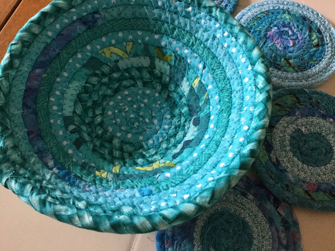 Coiled Fabric Coasters and Bowl Set Trivet Mug Rug Teal Etsy