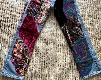 Levi's 501's vintage : poussin hippie rock des années 70, velours patchwork et écussons cachemire