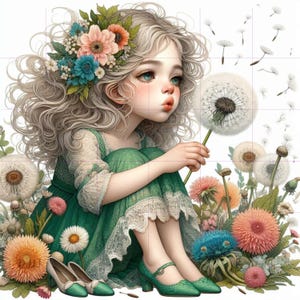 Kit di design per ragazze stravaganti, clipart di denti di leone, album di ritagli per ragazze, diario di spazzatura, illustrazione di design unica per lavoretti fai da te per la cameretta dei bambini, digitale