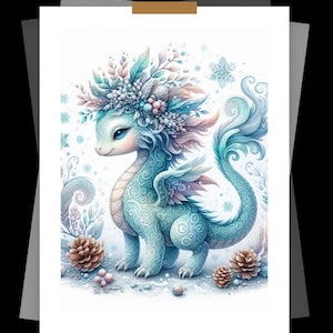 Winter Drache Clip Art, Magischer Fantasy Drache mit Blumenkrone, Winter Wunderland Digital Download, wunderliche Schneedrache PNG, Geschenk für Sie