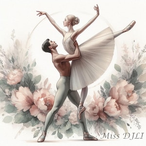 Illustration de couple de ballet aquarelle Ultra HD - oeuvre de danse gracieuse, fond floral vintage, téléchargement numérique pour les amateurs de journaux indésirables