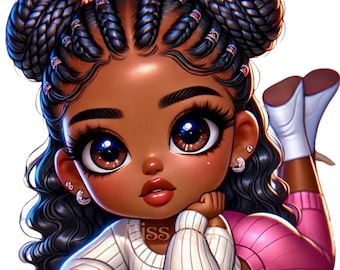 May include: A digital illustration of a young Black girl with large eyes, wearing a white sweater, pink pants, and her hair in braided buns. The girl is lying on her side with her head resting on her hand, looking at the viewer.