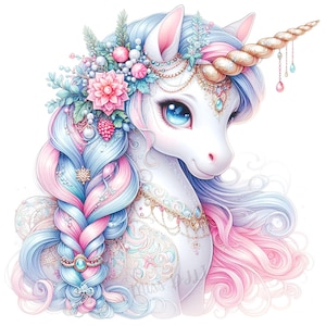 Clipart de unicornio de cumpleaños, unicornio mágico, clipart de niña unicornio, lindo diseño festivo, juego de 10, JPEG de 300 DPI de alta calidad, regalo para ella