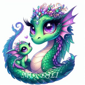 Whimsical Mama Dragon and Baby Dragon LOVE Art  – Ultra HD Cute Fantasy Illustration, A Love Between Mama and Child, Love that is Special