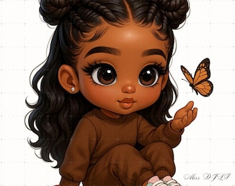 Imágenes prediseñadas de niña chibi de piel morena / Paquete de arte para niños pequeños con temática afroamericana (descarga digital)