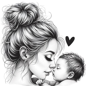 Muttertagsgeschenk, Mama und Kind JPG Bundle | Muttertag Clipart | Schwarz Weiß Digitale Kunst | Niedliche Mutter und Baby Umarmung | Emotionale Zeichnung