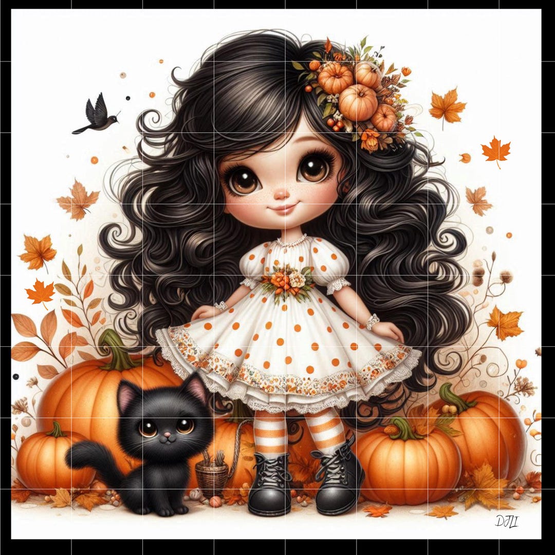 Chibi Girl With Black Cat Fall Art Print (digital Download) - Etsy